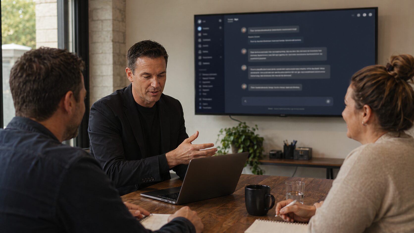 Small team learning how to use an AI chat interface in a business session