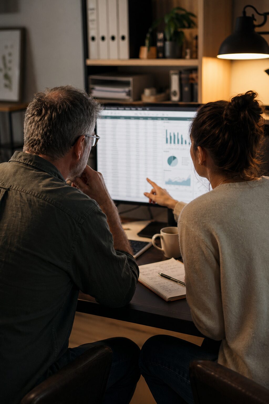 Consultant and business owner reviewing spreadsheet data during an AI session
